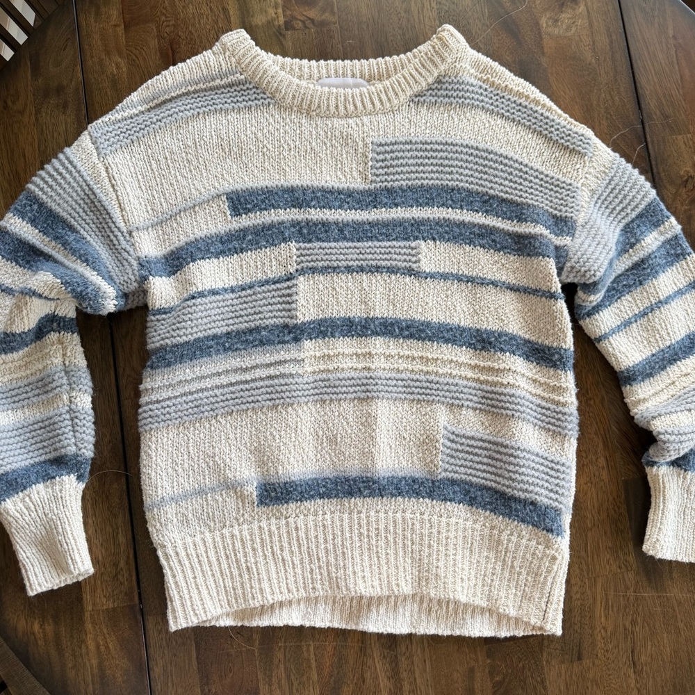 Dear John Striped Knit Sweater Small Cream Gray Blue Cozy
